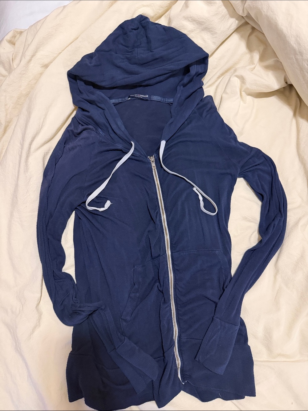 Brandy Melville Navy Zip Hoodie with White Drawstrings